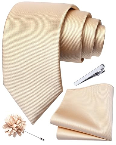 Branduce Champagne Tie for Men Wedding Solid Beige Necktie Pocket Square Tie Clip and Lapel Pin Brooch Set (TA15-10)