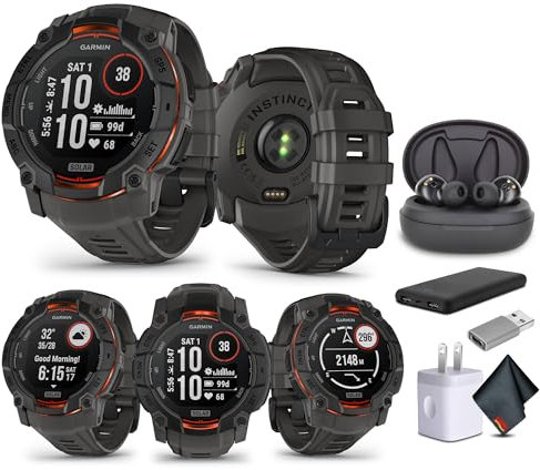Garmin Instinct 3 50mm, Solar Charged Display, Rugged Outdoor GPS Smartwatch, Metal-Reinforced Bezel, Built-in Flashlight, Charcoal (010-02935-00) with Earbuds Bundle