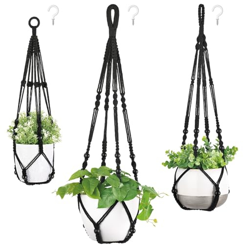 Mkouo Ensemble de 3 paniers suspendus en macramé, crochets pour plantes, jardinière d'intérieur, support pour pot de fleurs suspendu, corde de coton avec perles sans pompons, 58 cm/73 cm/89 cm, Noir