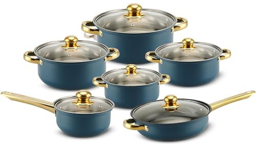 Retoo Topf und Pfannenset Induktion 12-teilig Kochtopf Set mit Glasdeckel, Topfset mit Kühlbleibendem Griff, Spülmaschinengeeignet, Durchmesser 16/18/20/24 cm