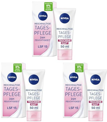 NIVEA Reichhaltige Tagespflege 24h Feuchtigkeit (50 ml), Gesichtscreme für trockene Haut mit LSF 15, feuchtigkeitsspendende Tagescreme mit natürlichem Mandelöl (Packung mit 3)