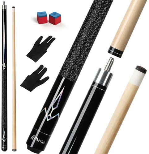 Horse 58 Pool Cue, Maple Billiard Cue with 13mm Tip, Includes 2 Gloves & 2 Chalks, 19(540g) Billiard Pool Queue Stick for Beginner, Pro Players, Linen Grip (Black Color Laser(Maple)-19oz)