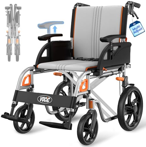 VOCIC U12 Lightweight Folding Wheelchair, 13kg, Multi-Point Ergonomic Fit | Lightweight Transport Aluminium Wheelchair for Adults,Up to 136kg,Dual Brakes, 3D Comfort Cushion, 30cm Large Wheels,Gray