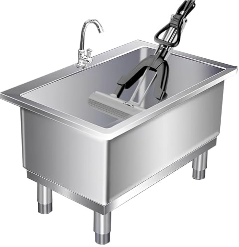 Fregadero de Suelo para Fregona de Acero Inoxidable, Lavabo de Servicio Comercial Profundo con Grifo y Kit de Drenaje, Cubo de Lavandería Industrial con Pies Ajustables para Garaje(100x50x50cm)