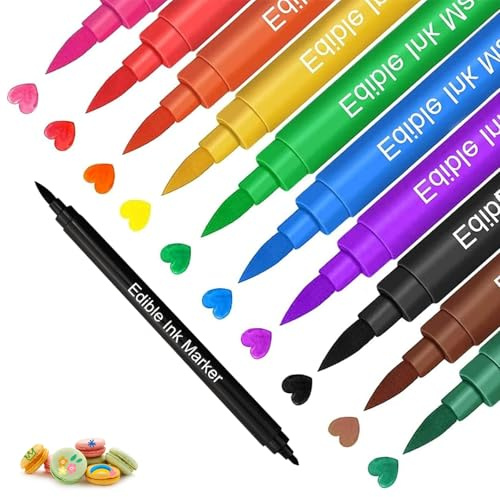 Pennarelli Alimentari per Dolci, Set 10 Colori, Pennarelli Commestibili per Biscotti, Torte e Macaron, Colori Alimentari a Punta Fine, Sicuri per Uso Alimentare
