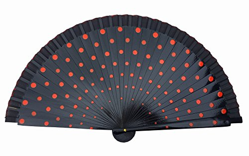 La Señorita Flamenco Éventail en Bois avec Points Couleur différentes Robe espagnole (Noir Points Rouge)