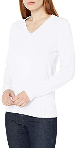 Amazon Essentials Maglione da Donna 100% Cotone a Maniche Lunghe con Scollo a V, Bianco, M