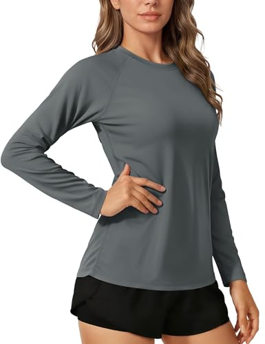TACVASEN Damen Rash Guard Langarm UV-Schutz Shirt UPF 50+ Oberteil Schnelltrocknend Schwimmshirt Langarmshirt (L, Dunkelgrau)