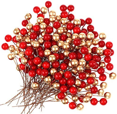 Weysoo 100Pcs Christmas Holly Berries, Artificial Gold Berries and Red Fake Berry for Christmas Tree Ornaments,Wreath Making Supplies,Xmas Party Decorations (RED+GOLD)