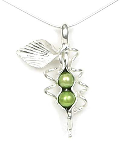 Pea Pod Necklace - 2 Peas Green Freshwater Pearls and Sterling Silver - Gift Boxed with Story Card - Each Unique Handmade in USA (20 Inch Chain Length)