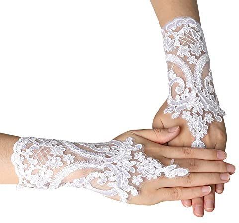 Uposao Frauen Spitze Handschuhe,Kurz Spitzenhandschuhe Hochzeit Braut Hochzeitshandschuhe UV-Schutz Fingerlose Handschuhe Damen Mädchen Party Tea Halloween Karneval Kostüm Zubehör,Weiss