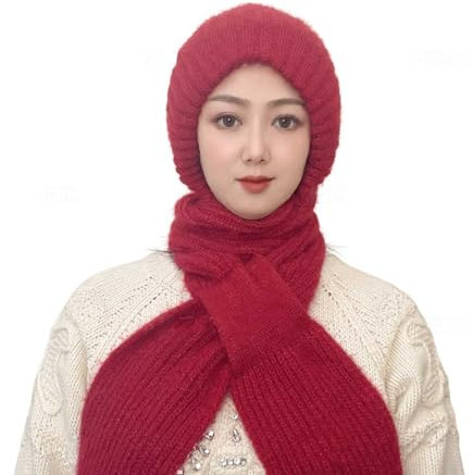WIWIDANG Integrierter Gehörschutz Winddichte Mütze Schal, Kapuzenschal für Frauen Winter, Winter Warme Strickmütze Schal (DE/NL/SE/PL, Alphanumerisch, S, XXL, Rotwein)