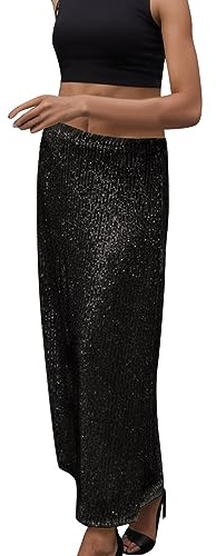 Gonna da Donna - Gonna Lunga con Paillettes A Linea A Gonna Lunga da Donna A Vita Alta Dritta Lucida con Spacco Gonna Streetwear Femminile Gonne Palloncino