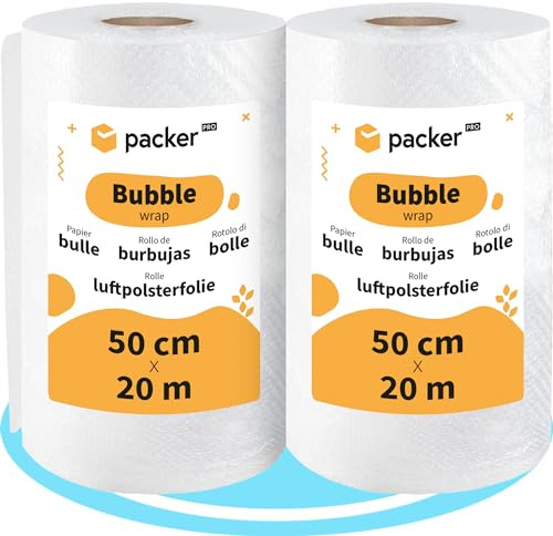 packer PRO Rouleau Papier Bulle, Film Bulles Rouleau pour Emballage, Papier Bulle Déménagement, Idéal pour Objets Fragiles, les Déménagements, l'Emballage et l'Expédition, 50cm (Largeur) x 20m - Lot 2