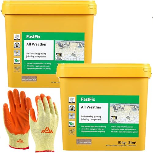 Fast Fix All Weather-Ready to Use, Self-Setting Paving Jointing Compound for Any Weather, Suitable for Stones Setts, Paving Block and Footpaths 15kg - 21 sq.m 2 pack with Gloves (Dark buff)