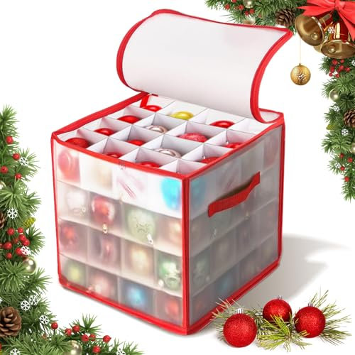 HILKKET Aufbewahrungsbox für Weihnachtskugeln, Weihnachtskugel Box, Christbaumkugel Tasche, Weihnachtskugeln Aufbewahrung mit Verstellbaren Trennwänden, 64 Fächer, 4 Ebenen, 2 Reißverschlüsse