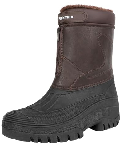 Knixmax Men's Winter Boots Waterproof Snow Shoes Mid Calf Insulated Booties Warm Outdoor Hiking Walking Skiing Boot No Lace Male Boots With Zipper Brown Size 8 / EU 41