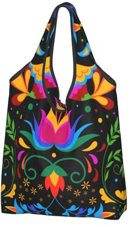 TZTTZT Bolsas de compras reutilizables, plegables, flores mexicanas tradicionales, 1 bolsa de comestibles con asas, Negro, 2 PCS