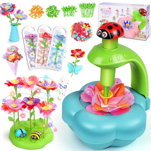 ZippyZoom Arts and Crafts Kit for Kids Ages 4-9: DIY Flower Bloom Maker Set with Music Light Base, Vase, Fridge Magnets & Cards – Birthday Gift for Girls and Boys