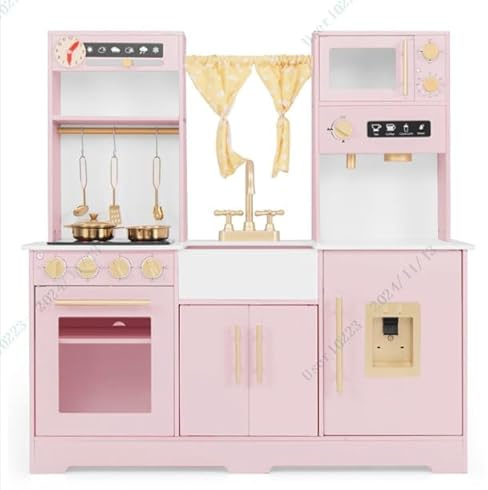 FANTASK Cuisine pour Enfant en Bois avec lumière, Son, évier, Robinet, cuisinière, Distributeur d'eau et Micro-Ondes, pour Enfants à partir de 3 Ans, Rose