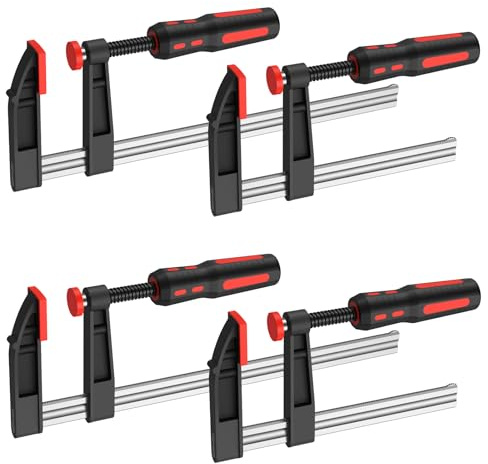 GETLITOOL Set 4pz Morsetti a Barra da Falegname 6-Inch/12-Inch con Serraggio 600LBS/270kg Profondità 8cm, 2X6+2X12 F-Bar a Vite con Impugnatura in Gomma e Binario in Acciaio