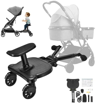 LENJKYYO Buggy Board, Buggyboard mit Sitz, Universal Trittbrett für Kinderwagen, Max. 30KG, 2-in-1 Mitfahrbrett für Geschwister, Schwarzes Kinderwagen Zubehör für Kinder 2-6 Jahre