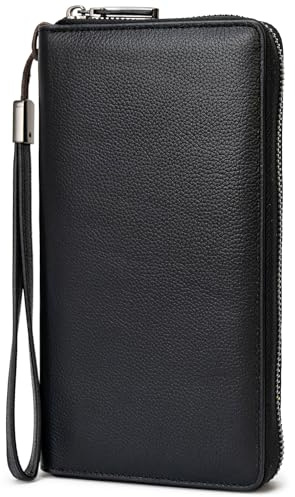 Bveyzi Women RFID Blocking Wallet Leather Zip Around Phone Clutch Large Capacity Ladies Travel Purse Wristlet (Black)