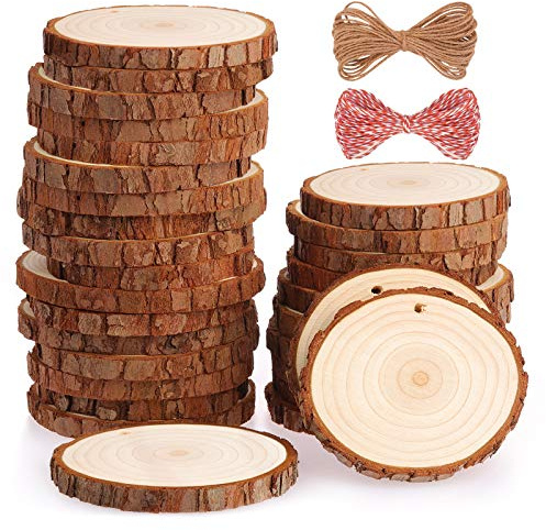 Rodajas de Madera Círculos 7-8 cm 30 pcs Fuyit Discos de Madera Rebanada 10m Cuerda de Cáñamo Maderas Naturales Perforado Con Corteza de Árbol Para Manualidades
