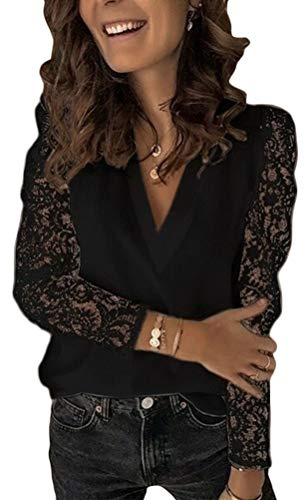 Onsoyours Femme Chemisiers Dentelle Col en V Manche Longue Blouse Couleur Unie Lâche Casual Hauts Élégant Chic La Mode Tops T-Shirt Noir 40