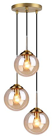 LFsem Industriell Retro Pendelleuchte Glaskugel Hängelampe Leuchte Messingbeschläge Deckenleuchte für Wohnzimmer Esszimmer Schlafzimmer Küchenbar (Bernstein, 3 Lichter)