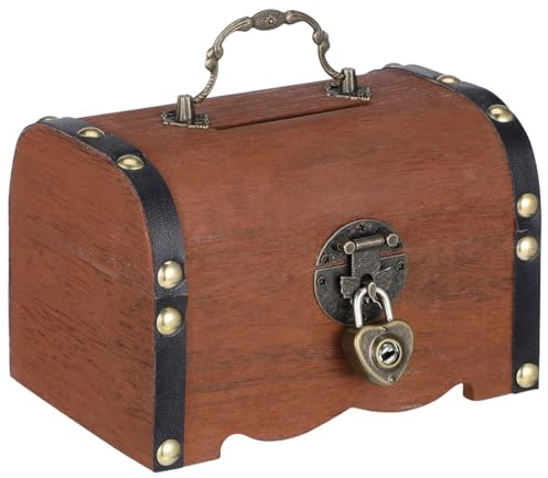 Vintage Wooden Piggy Bank with Lock Retro Treasure Chest Jewelry Storage Box Small Decorative Coin Bank for Kids Adults Brown Keepsake Case