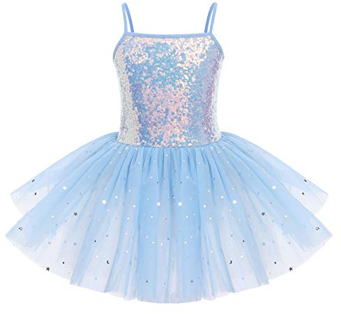 IWEMEK Kinder Ballettkleidung Mädchen Ballettkleid Ärmellos Pailletten Balletttrikot Ballettanzug Tanzkleid Tanzbody mit Tütü Rock Ballettrock Gymnastik Tanzbekleidung Blau 7-8 Jahre