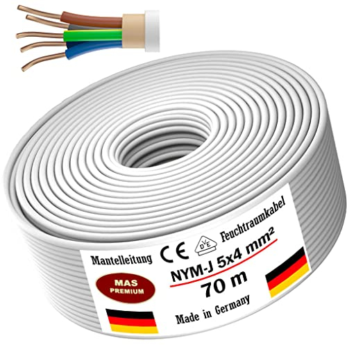 Cable de alimentación para ambientes húmedos de 5 m a 70 m, cable envolvente NYM-J, 5 x 4 mm², anillo de cable eléctrico para instalación fija (70 m)