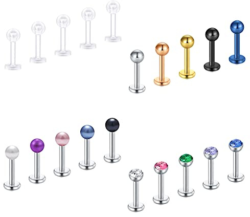 Crdifu 20 pièces lèvres Stud Labret Bars 16G 6/8/10mm Acier Inoxydable Plastique Monroe Medusa Tragus Helix Piercing Stud