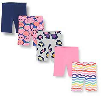 Amazon Essentials Girls' Midi Bike Shorts, Pack of 5, Blue Strawberries/Grey Cheetah/Navy/Pink/White Rainbow Print, Medium