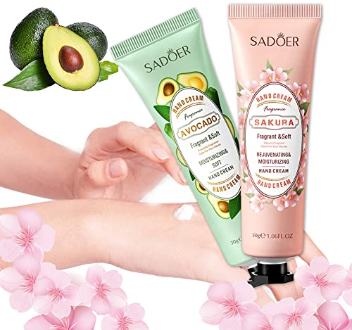 Avocado und Kirschblüten-Handcreme,Hand Feuchtigkeitscreme für Raue, Strapazierte Haut, Sanfte Pflegecreme für Trockene Hände, Geburtstagsgeschenk Weihnachtsgeschenke für Frauen Männer Mama Oma,2PCS