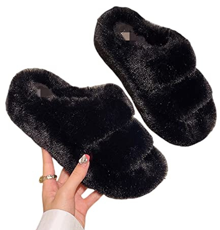 TOBILE Pantoufles en coton en fourrure pour femme - Chaussures compensées - Grande taille - Pour l'automne et l'hiver - Pantoufles en fourrure chaudes et décontractées