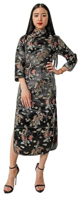 Costumizate! Kimono o Qipao Color Negro con Manga Larga. Vestido Oriental para Mujer. (L)