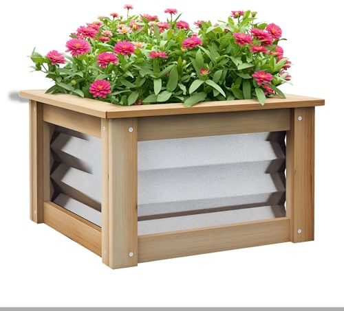 Outsunny Hochbeet aus Metall, Blumenkasten Pflanzkasten mit Holzrahmen, Gemüsebeet, Kräuterbeet für Garten, Balkon, Natur, 45 x 45 x 30 cm