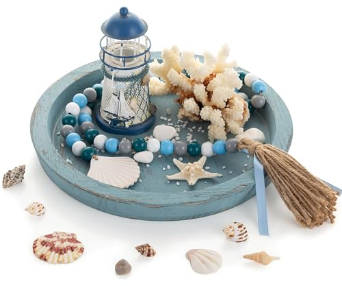 Hanobe, vassoio decorativo tema spiaggia: vassoio da caffè con decorazione a tema nautico, rotondo, in legno, stile oceano, per piano di appoggio del bagno, centrotavola rustico, blu