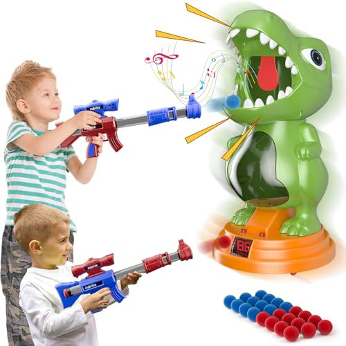 fygurso Jouet de tir de Dinosaure Mobile avec 2 Pistolets à Pompe à air, Jeux de tir à la Cible avec Score LED, lumière et Son, 24 balles en Mousse pour 3+, Cadeau de Jeux pour garçon