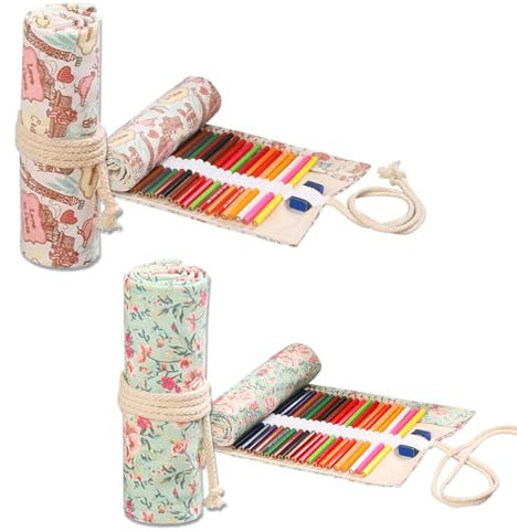 WWYSSZ 36 Löcher Leinwand Stifterolle Roll, 2 Stück Rollmäppchen Leinwand Bleistift Wrap, Stifte Mäppchen Rolle, Waschbar, Blumen-Muster, für Aquarellstifte Bleistifte Buntstifte