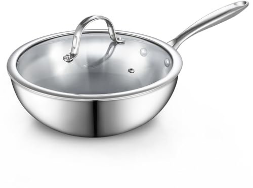 Cooks Standard Sartén de acero inoxidable revestido de varias capas, wok de inducción de 10.5 pulgadas con tapa, wok de fondo plano, plateado