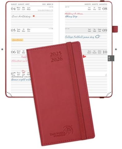 POPRUN Agenda 2025 2026 Settimanale Tascabile 16,5 x 9 cm, Diario Scuola Piccola 17 Mesi da Ago.2025 a Dic.2026, Copertina Rigida in Pelle Vegana, Carta Spessa da 80 GSM, Borgogna