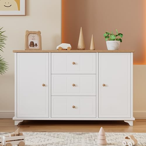 Moimhear Aparador clásico, armario con 3 cajones y 2 puertas, con tiradores naturales, espacio de almacenamiento en el salón y dormitorio, MDF+tablero de partículas, blanco+natural