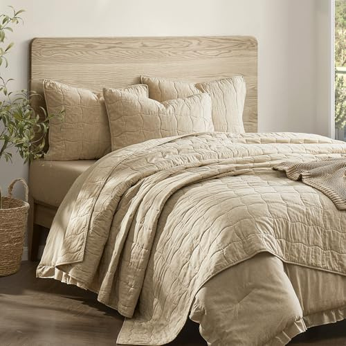 Wonderful Natural Linen Cotton Quilt - Skin-Friendly Breathable & Hypoallergenic Quilt King, 3 Piece Wavy Box Stitched Linen Bedding Set, All-Season Use Bedspread & Coverlet Bedding, 104x94
