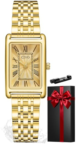 CIVO Damenuhr Vintage Uhr Damen: Rechteckiges Gehäuse Armbanduhr Damen Gold Edelstahl - Elegante Geschenke für Frauen Jubiläum Geburtstag Valentinstag Hochzeit