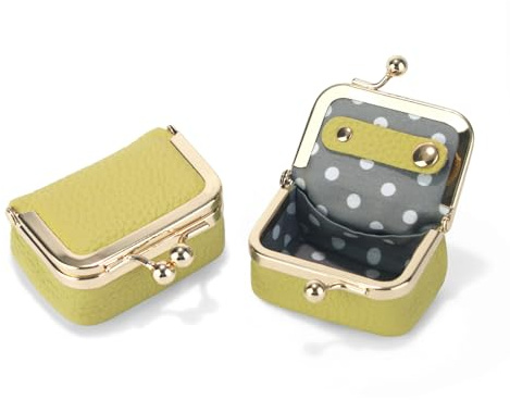 Nefokfdus Genuine Leather Mini Jewelry Box Coin Purse for Women,Solid Color Kiss Lock Jewelry Case Organizer,Mini Travel Ring Box, Yellow, Pouch