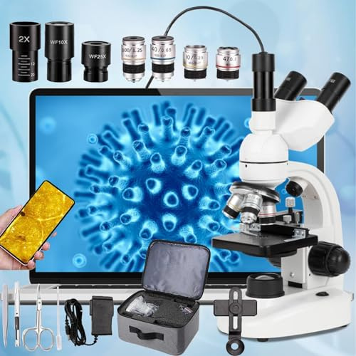 Trinocular Compound Microscope with WF Eyepieces, 40x-5000x Magnification, LED Illumination, Mechanical Stage for Adults