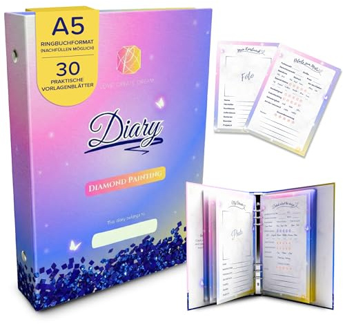 Picmondoo Diamond Painting dagbok – A5-ringbok för 30 projekt | Innehåller 30 mallar för dokumentation och bedömning | minnesalbum för diamantmålning konstverk | Utbyggbar